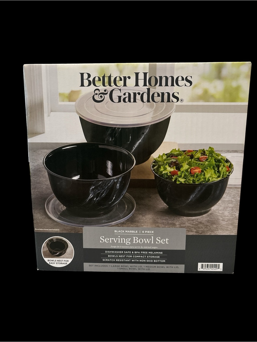 Better Homes And Gardens Black Marble Nesting Serving Bowls with Lids